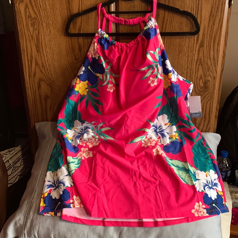 Pink floral Cacique Swim Halter tankini top